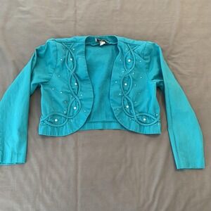 Vintage On The Rocks Jacket Womens 4 Turquoise Cropped Bolero Made USA 80s